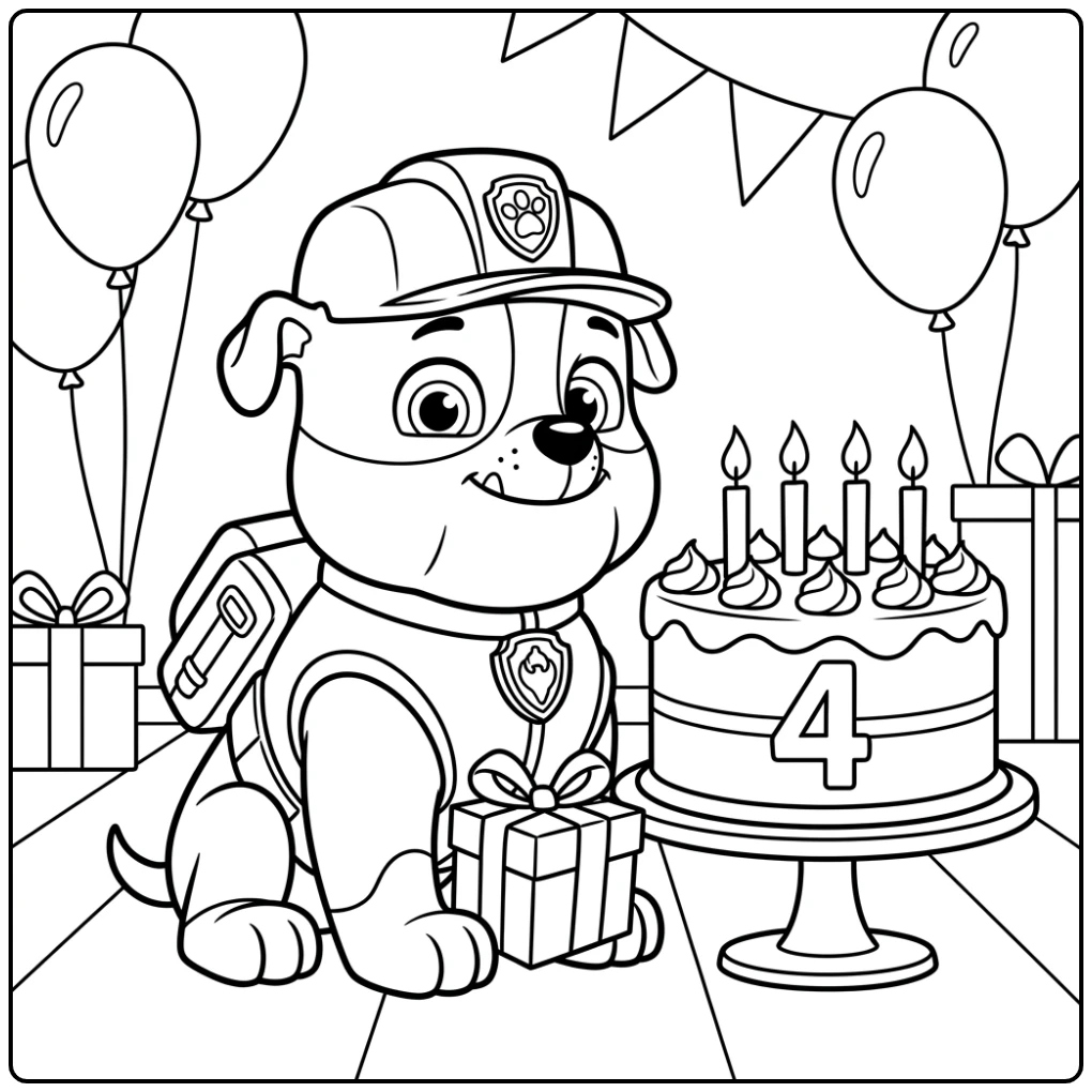Cheerful Paw Patrol 4th Birthday with Rubble and Cake coloring page