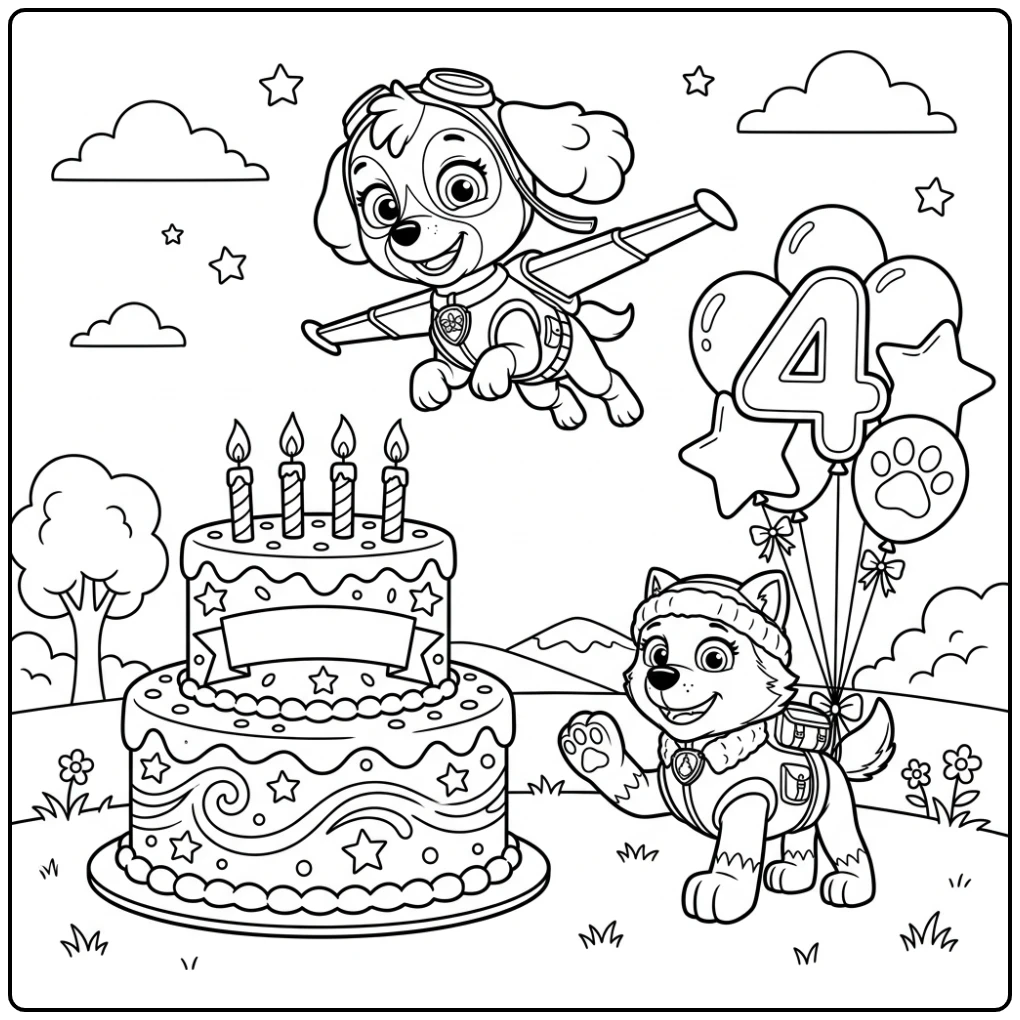 Cheerful Paw Patrol 4th Birthday with Skye and Cake coloring page