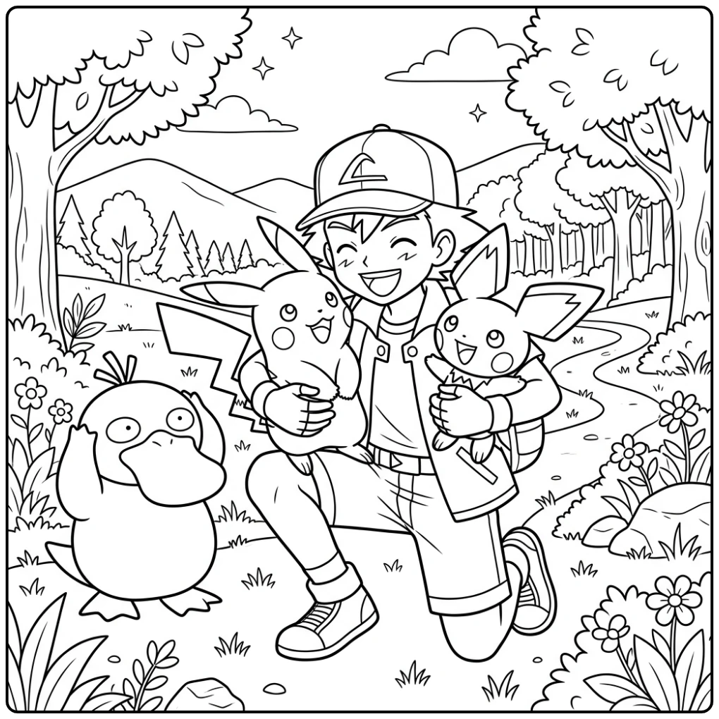 Cheerful Pichu with Ash Pikachu and Psyduck coloring page