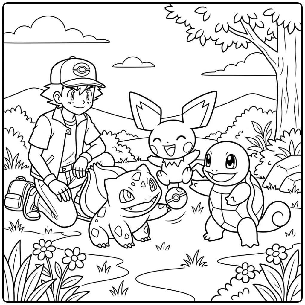 Cheerful Pichu with Ash During a Break coloring page