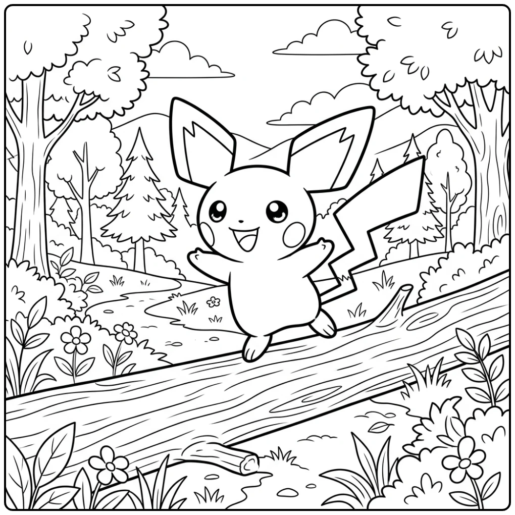 Cheerful Pichu on a Tree Trunk coloring page