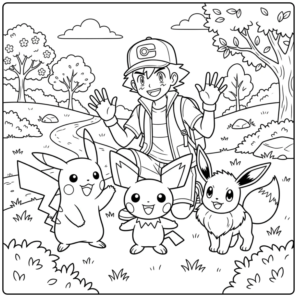 Cheerful Pichu Together with His Pokemon Friends coloring page