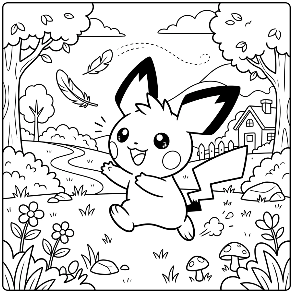 Cheerful Pichu Playing with a Feather coloring page