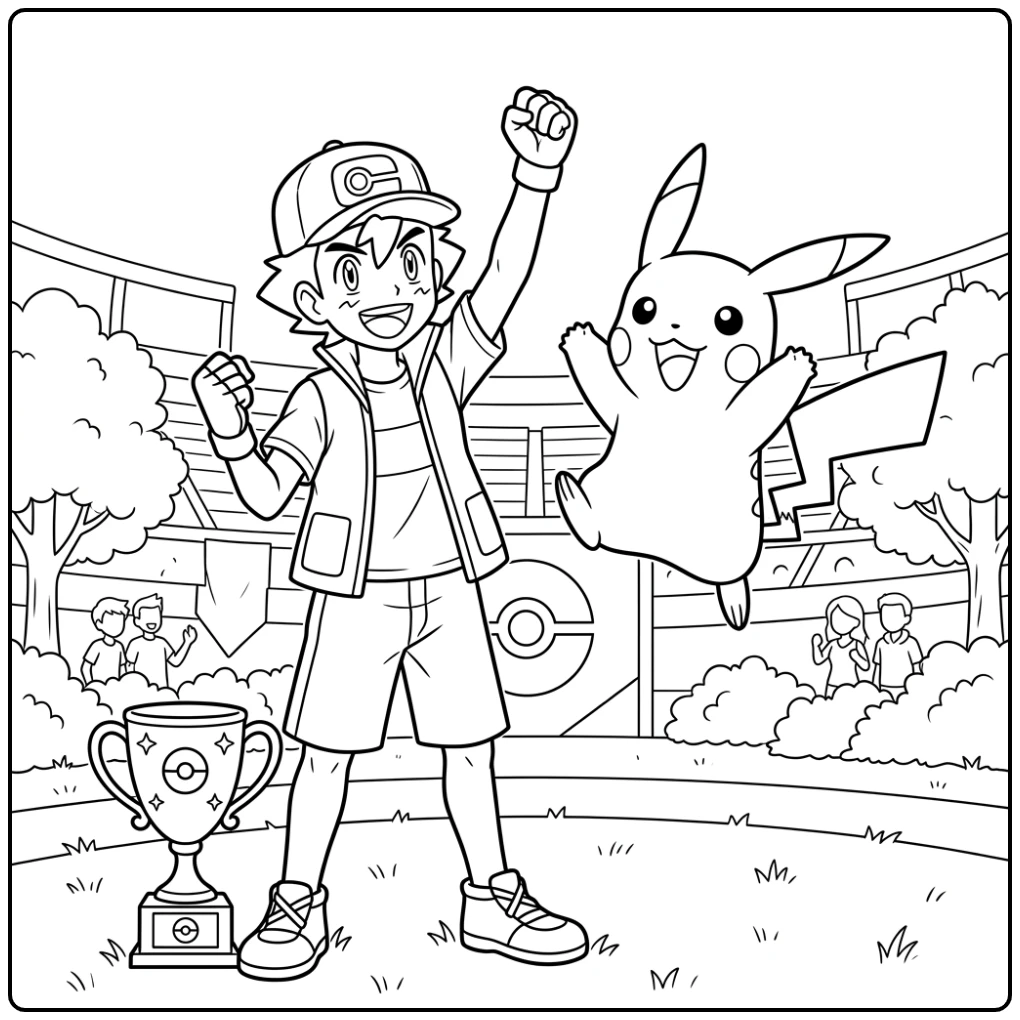 Cheerful Pokemon with Winning Ash and Pikachu coloring page