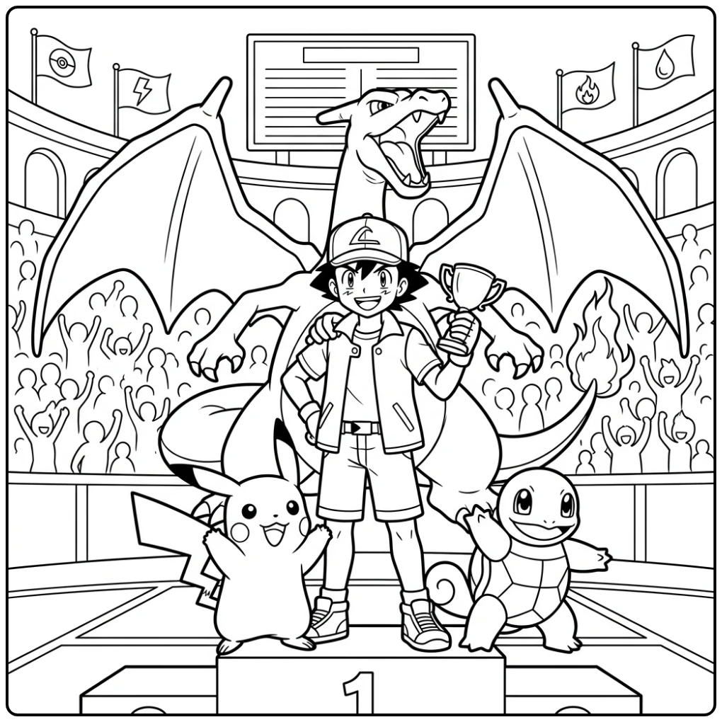 Cheerful Pokemon Ash Pikachu and Friends Celebrating Victory coloring page