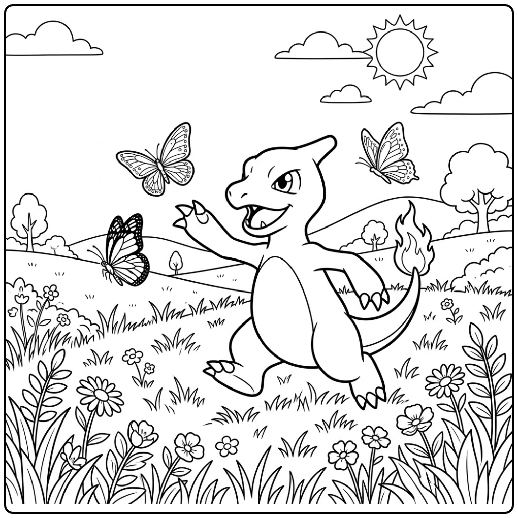 Cheerful Pokemon Charmeleon Catching Butterflies in the Nature coloring page