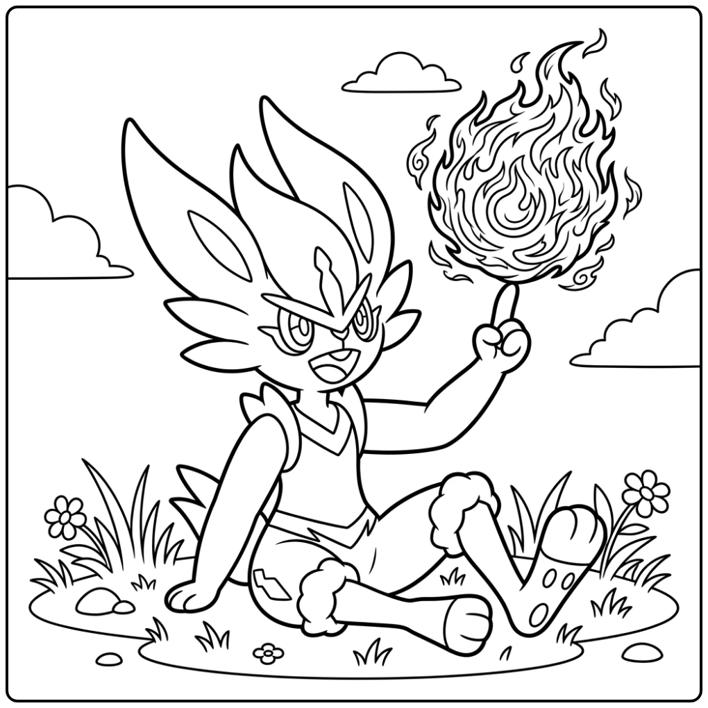 Cheerful Pokemon Cinderace Soccer Ball Show coloring page