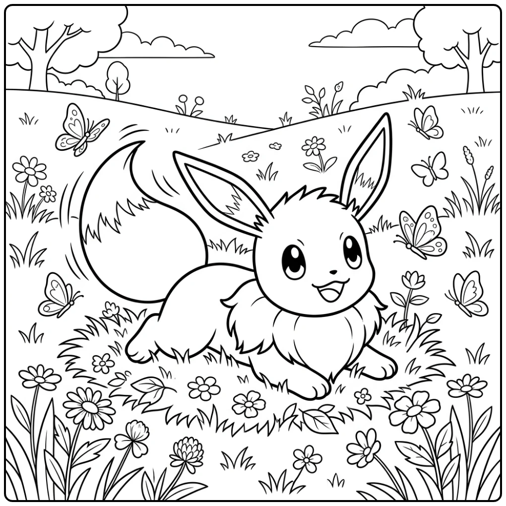Cheerful Pokemon Cute Eevee Playing Among the Butterflies coloring page