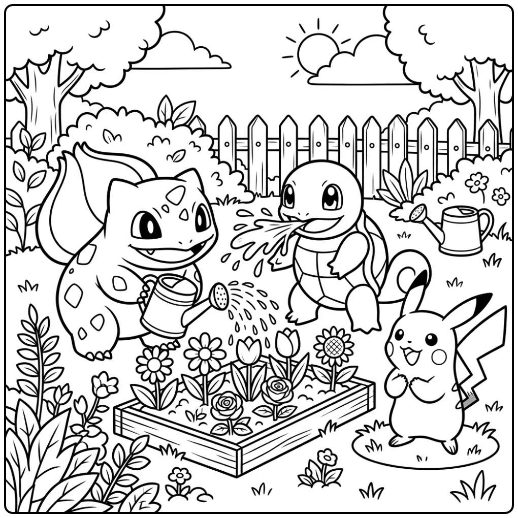 Cheerful Pokemon Cute in the Garden with Friends coloring page