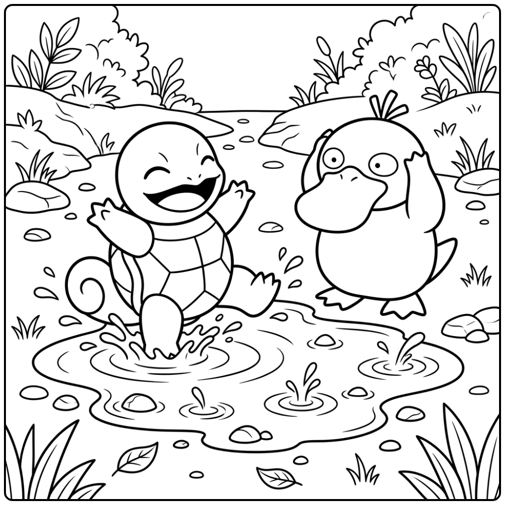 Cheerful Pokemon Cute Squirtle and Psyduck in Puddle Fun coloring page