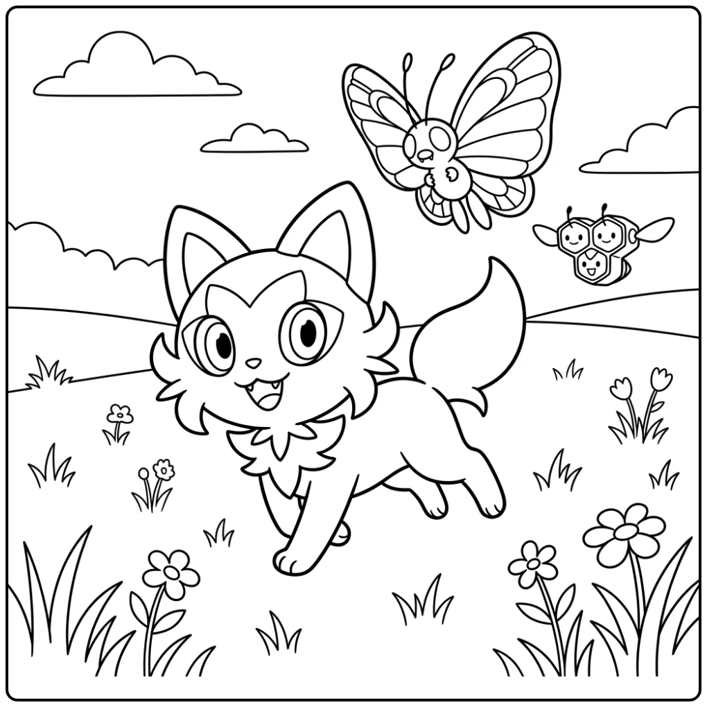 Cheerful Pokemon Sprigatito Chasing Butterfree After coloring page