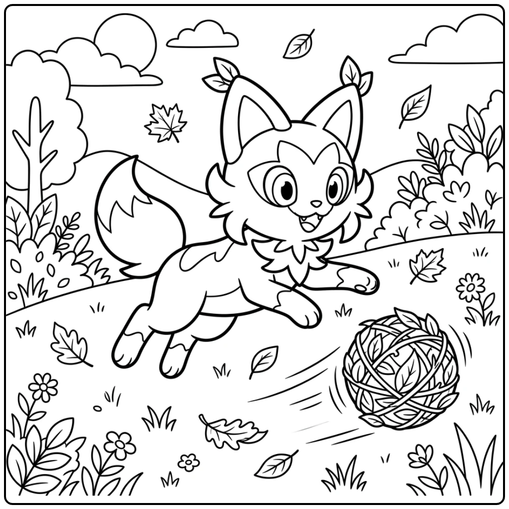 Cheerful Pokemon Sprigatito Jumping Playfully in the Sky coloring page
