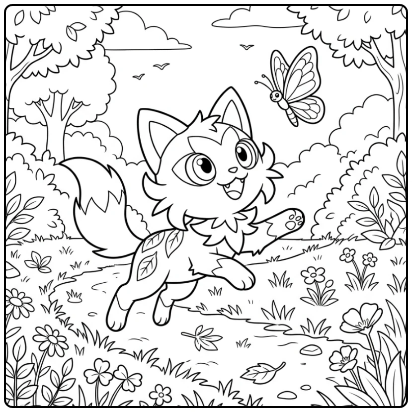 Cheerful Pokemon Sprigatito Catching Butterfly on Meadow coloring page
