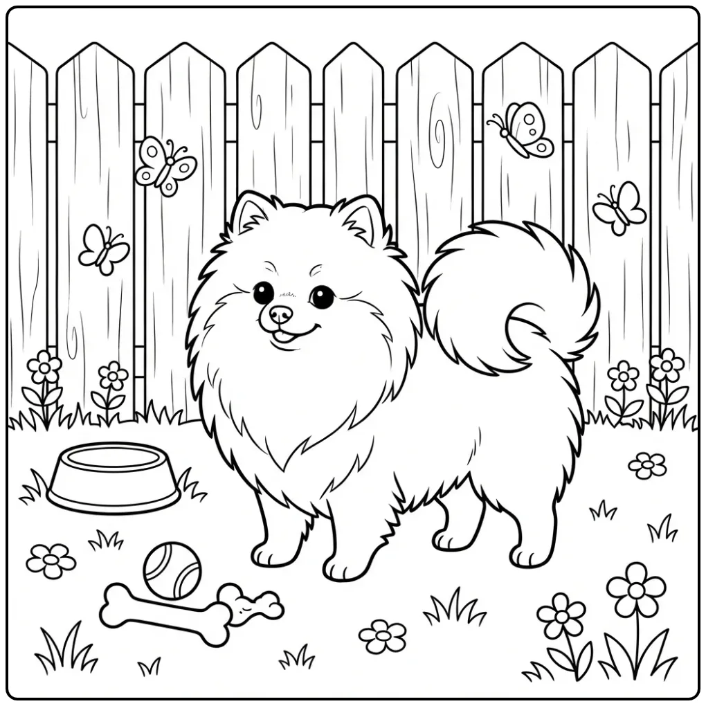 Cheerful Pomeranian Playing in the Backyard coloring page