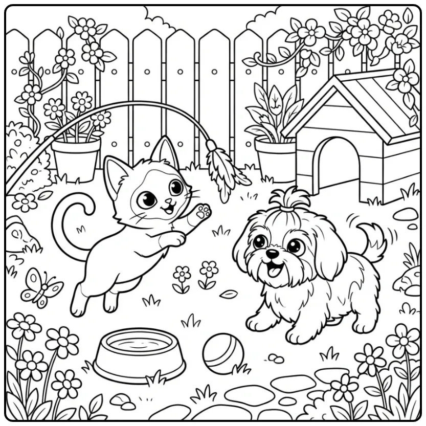 Cheerful Puppy and Kitten in the Garden coloring page