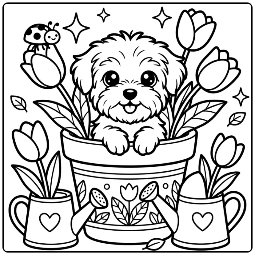 Cheerful Cute Puppy with Watering Can and Flowers coloring page