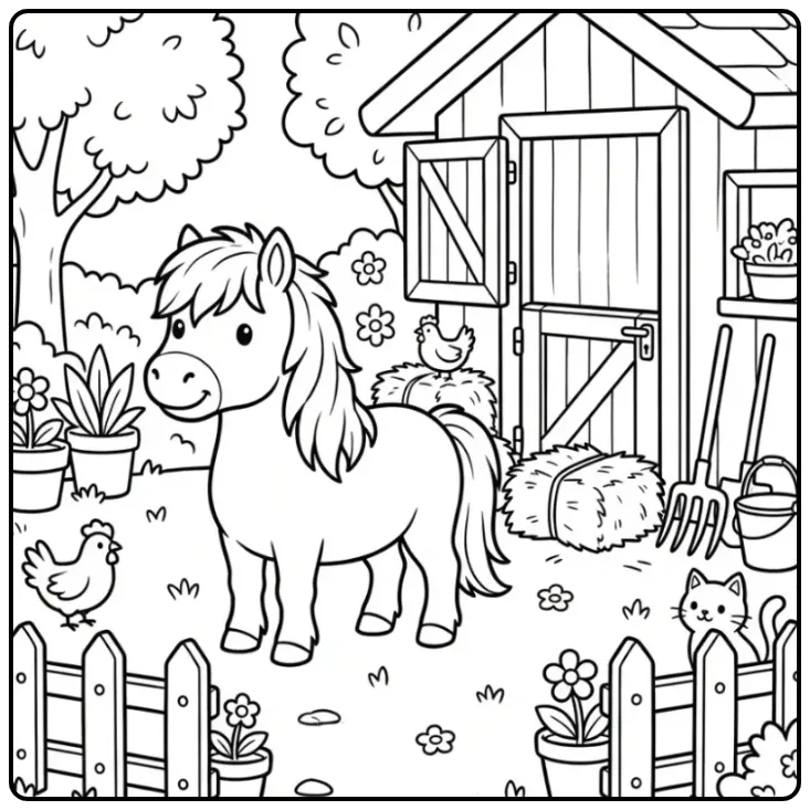Cheerful Shetland Pony on the Farm coloring page