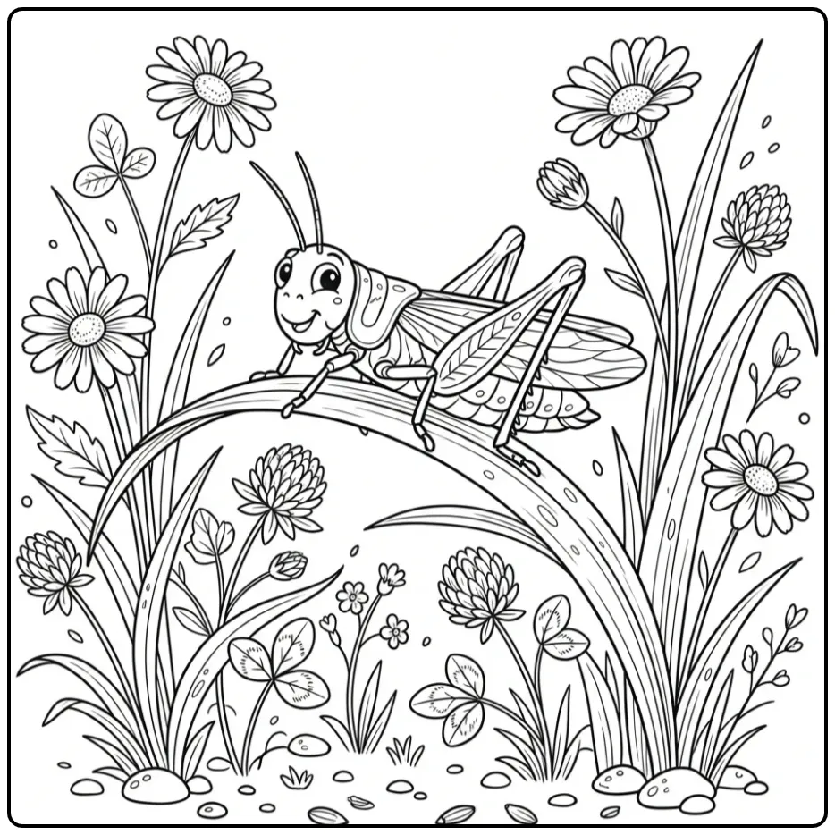 Grasshopper coloring page showing a grasshopper in a meadow