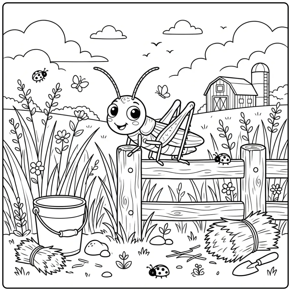 Grasshopper coloring page showing a grasshopper on a fence post