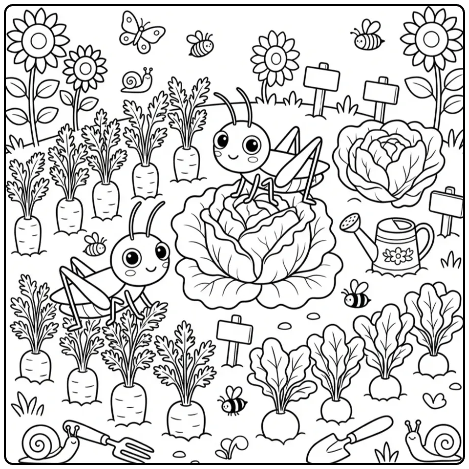 Grasshopper coloring page featuring grasshoppers in a vegetable garden