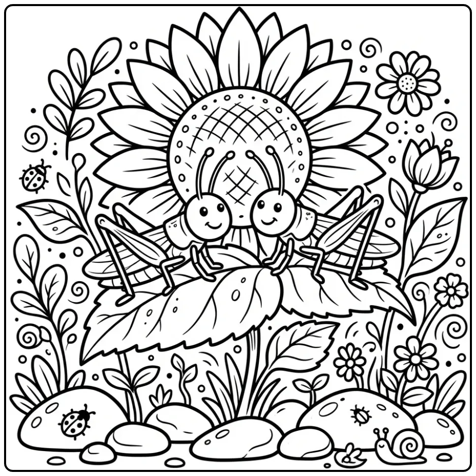 Grasshopper coloring page featuring two grasshoppers on a leaf