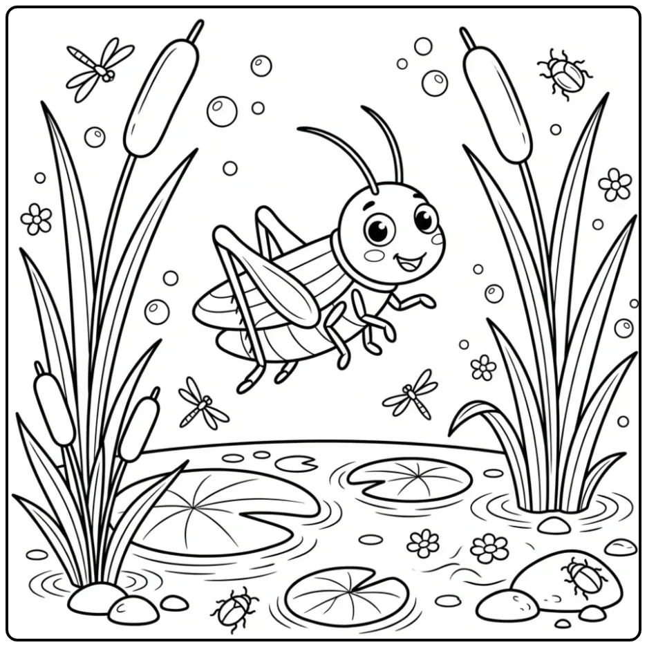 Grasshopper coloring page showing a grasshopper near a pond