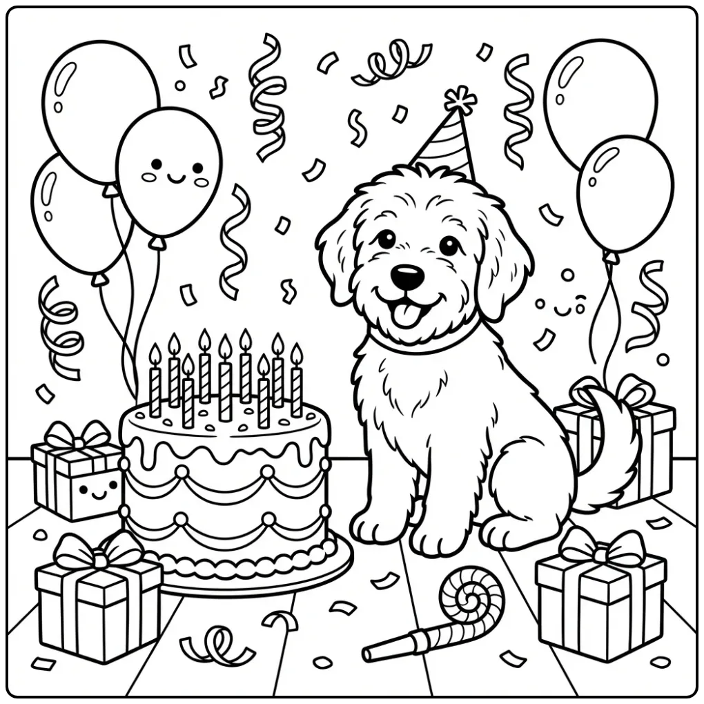 Cheerful Birthday Puppy with Cake coloring page