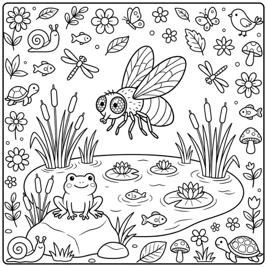 Fly coloring page showing a fly above a frog by the pond