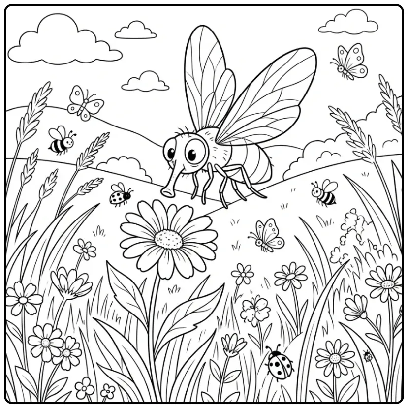 Fly coloring page featuring a fly above a flower field