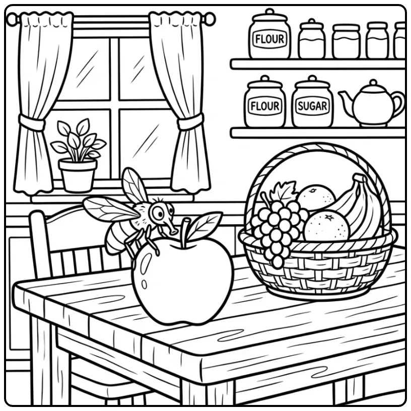 Fly coloring page showing a fly on an apple in the kitchen