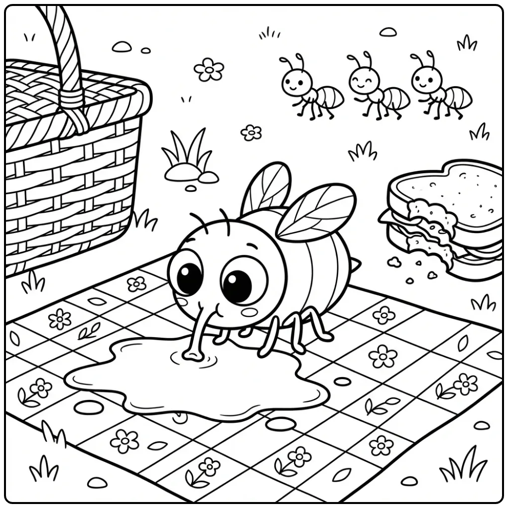 Fly coloring page featuring a fly at a summer picnic
