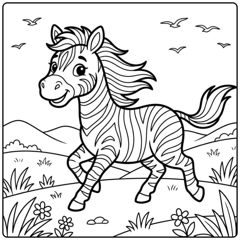 Cheerful Zebra in a Landscape with Flowers coloring page