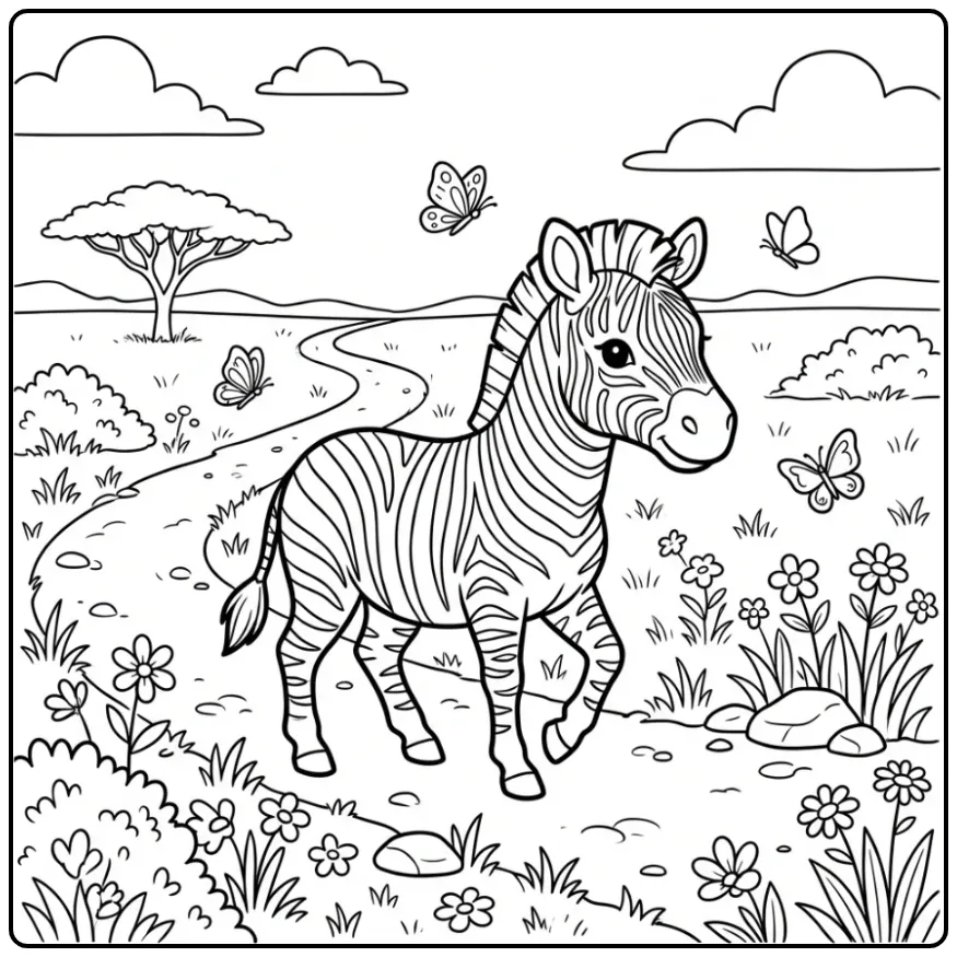Cheerful Zebra Walking Along Flowers and Nature coloring page