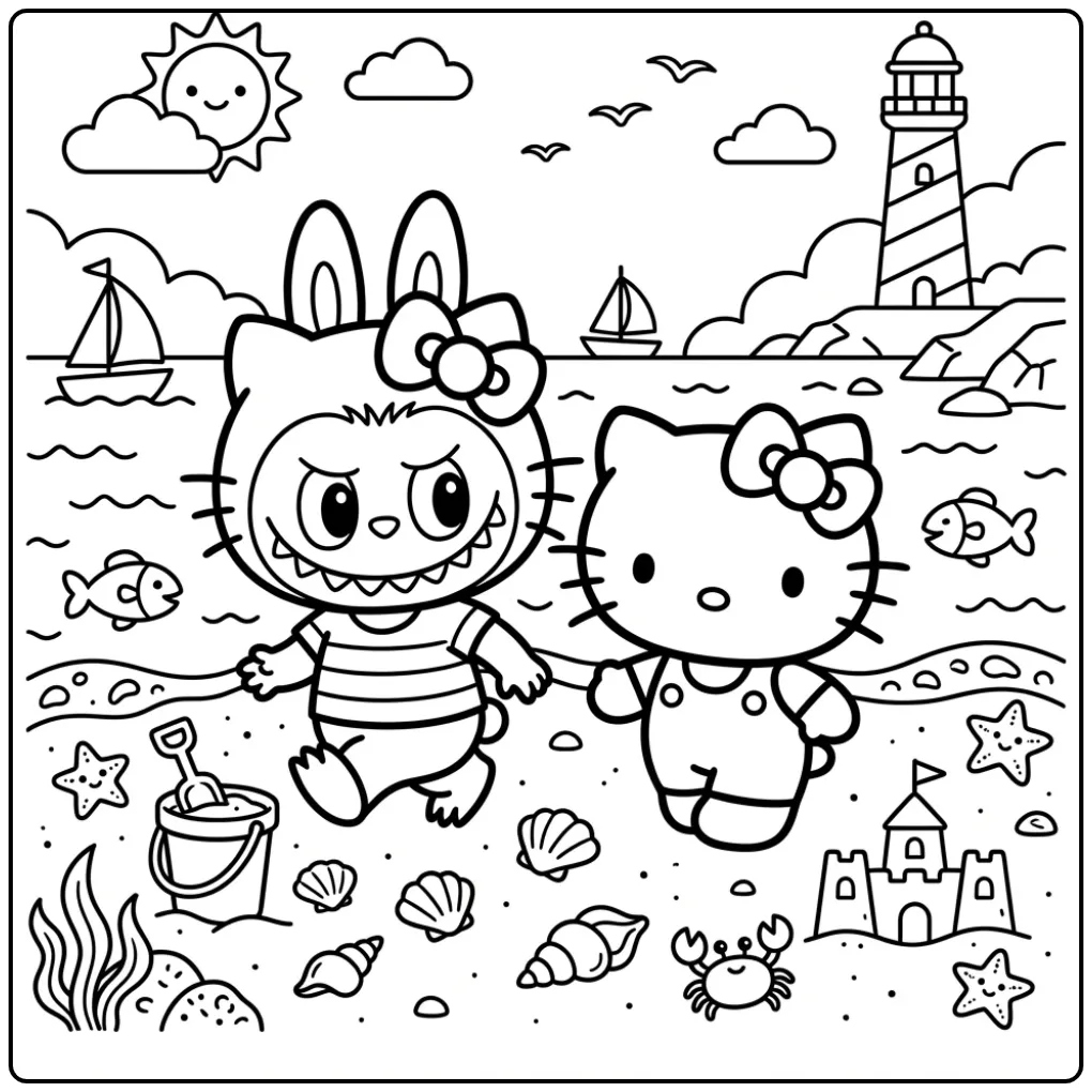 Cheerful Labubu and Hello Kitty by the Sea with a Bucket coloring page