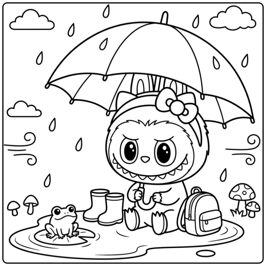 Cheerful Labubu and Hello Kitty in the Rain coloring page