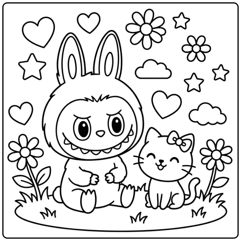 Cheerful Labubu and Hello Kitty with Flowers and Stars coloring page