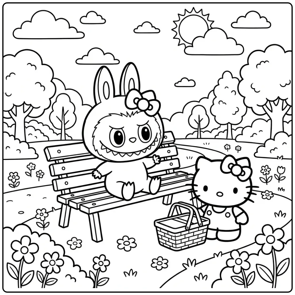 Cheerful Labubu and Hello Kitty with a Picnic Basket coloring page