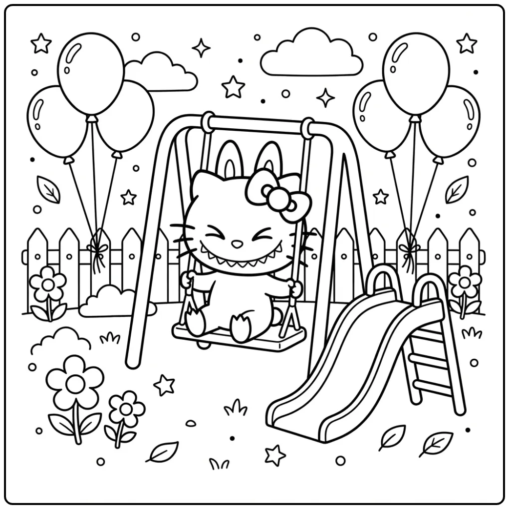 Cheerful Labubu and Hello Kitty on a Swing coloring page