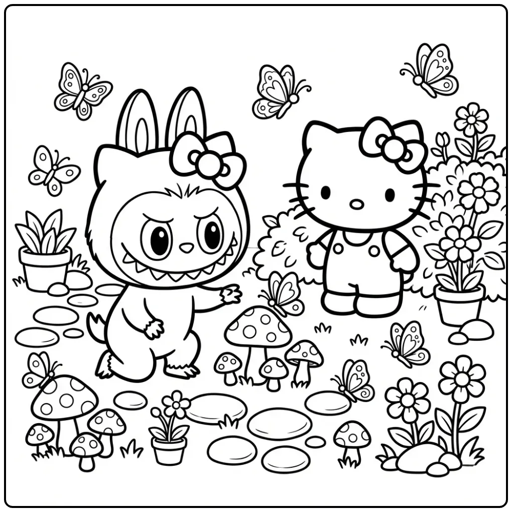 Cheerful Labubu and Hello Kitty in Nature with Butterflies coloring page
