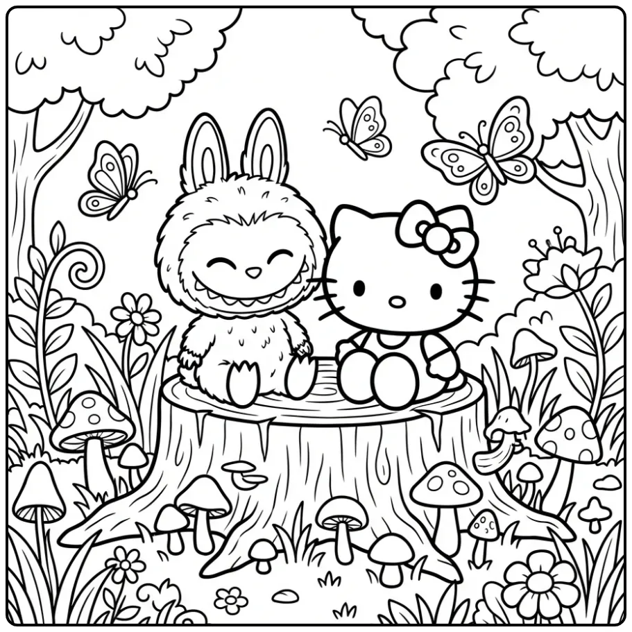 Cheerful Labubu and Hello Kitty with Butterflies coloring page