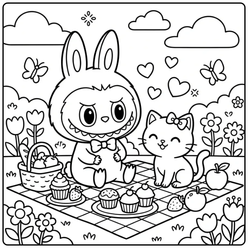 Cheerful Labubu and Hello Kitty with Sweet Cupcakes coloring page