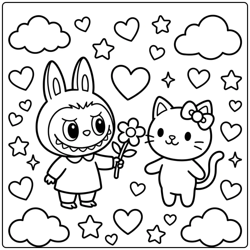 Cheerful Labubu and Hello Kitty coloring page