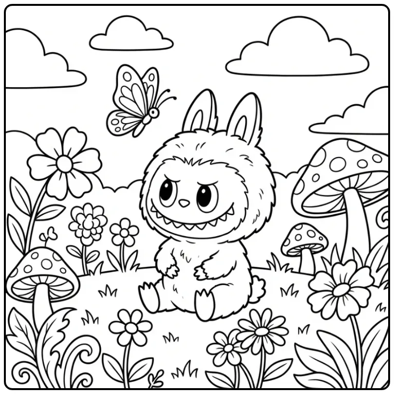 Cheerful Cute Labubu in Nature coloring page