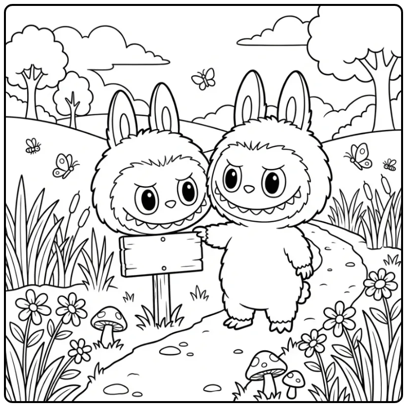 Cheerful Cute Labubu in a Rural Landscape coloring page