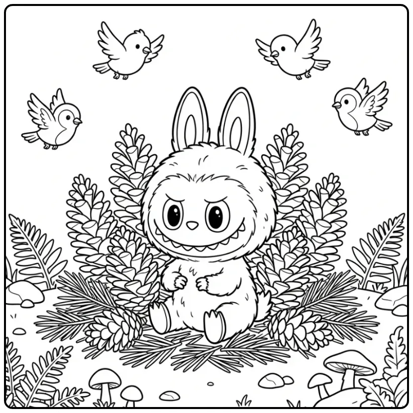 Cheerful Cute Labubu in a Quiet Pine Forest coloring page