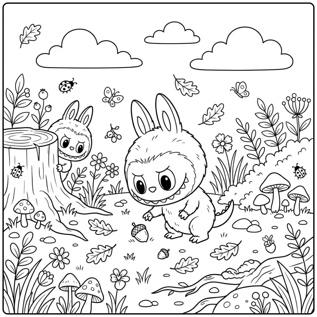 Cheerful Cute Labubu in the Forest coloring page