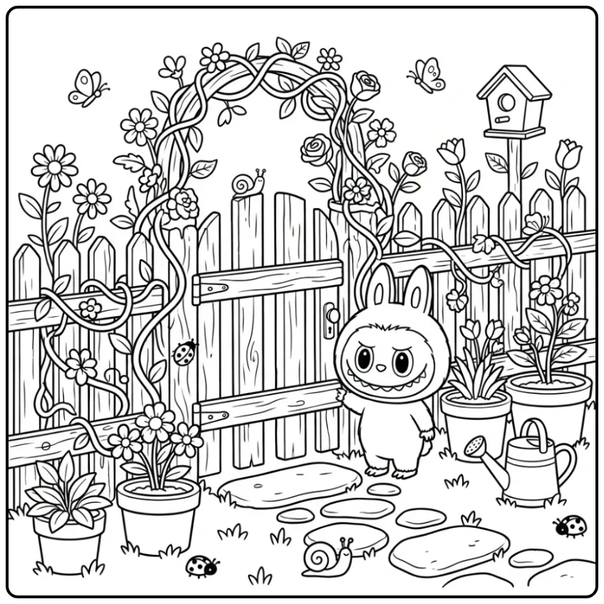 Cheerful Cute Labubu with Flowers and Fence coloring page