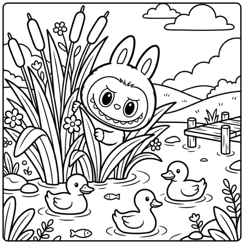 Cheerful Cute Labubu with Ducklings in the Water coloring page