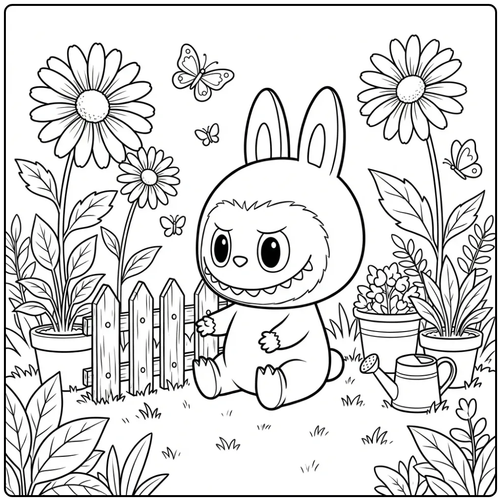 Cheerful Cute Labubu with Small Fence and Flowers coloring page