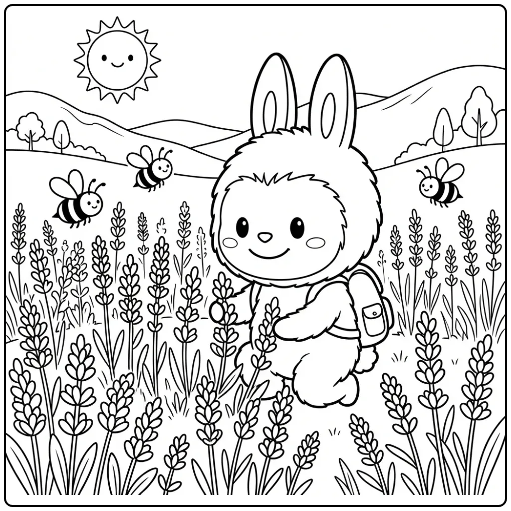 Cheerful Cute Labubu with Lavender and Bees coloring page